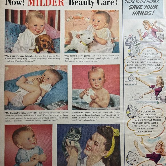 Vintage Ivory Soap Print Ad (1942) "Velvet Suds," Save Your Hands, Baby, Animals - Picture 2 of 2